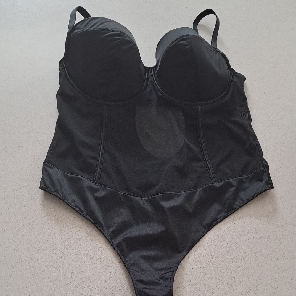 Auden Women’s Black Bodysuit Lingerie Satin Mesh Large Adjustable Straps Stretch